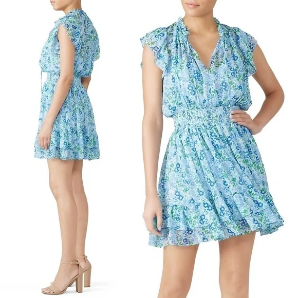 SHOSHANNA Floral Chiffon Smocked Waist Flutter Sleeve V-Neck Ruffle Mini Dress 8